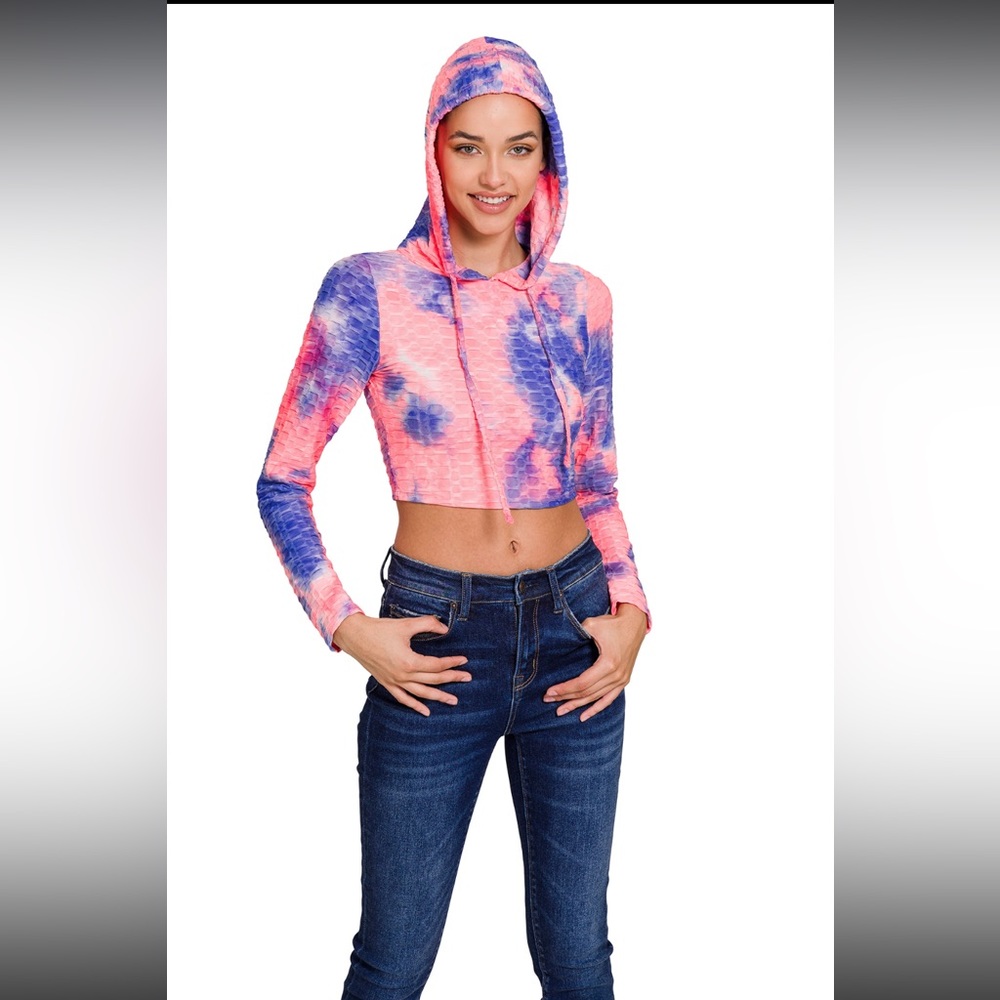 Athletic Tie Dye Honeycomb Crop Zenana Hoodie